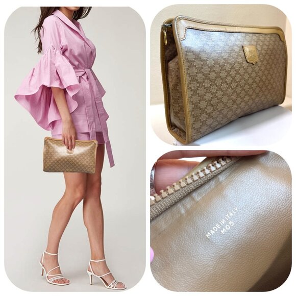Auc Celine Macadam Coated Canvas/Leather Clutch/Cosmetic Pouch beige Vintage - Picture 1 of 11